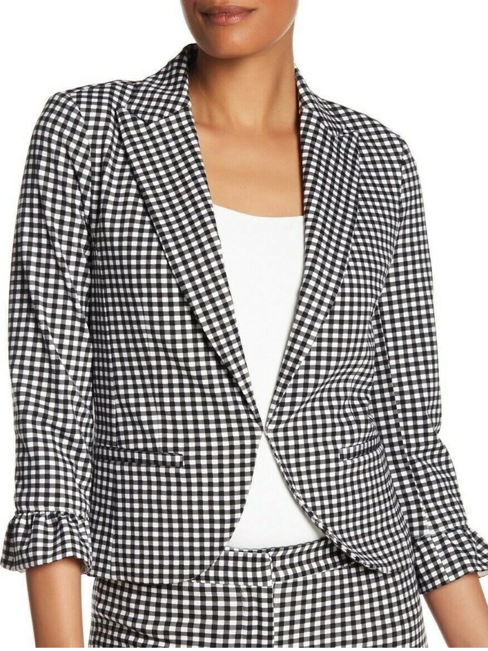 Amanda & Chelsea Gingham Blazer Jacket Black White Ruffle Cuff Stretch NWT 8